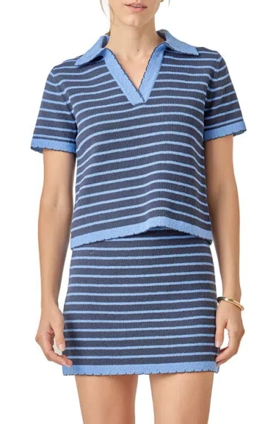 English Factory Stripe Polo Scallop Hem Sweater In Blue