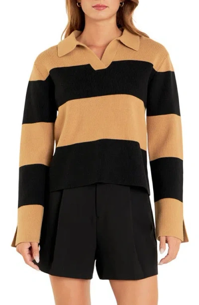 English Factory Stripe Polo Sweater In Camel/black