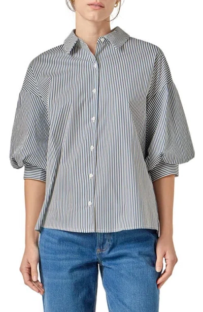 English Factory Stripe Puff Sleeve Button-up Shirt In Multi