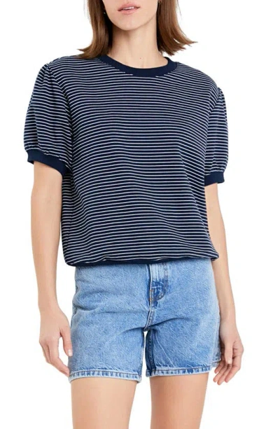 English Factory Stripe Puff Sleeve French Terry Top In Navy/white