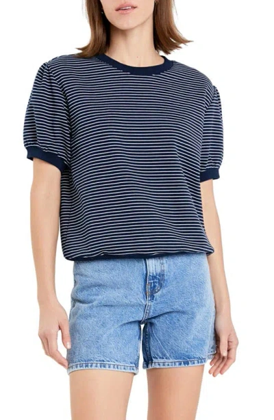 ENGLISH FACTORY STRIPE PUFF SLEEVE FRENCH TERRY TOP