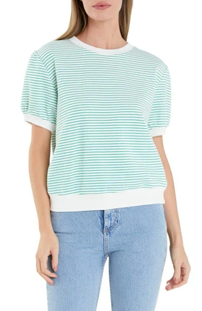 English Factory Stripe Puff Sleeve French Terry Top In White/ Green