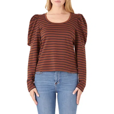 English Factory Stripe Puff Sleeve Knit Top In Brown/navy