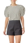 English Factory Stripe Puff Sleeve Stretch Cotton Top In Neutral