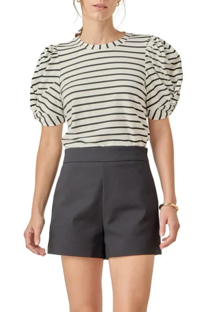 English Factory Stripe Puff Sleeve Stretch Cotton Top In Neutral