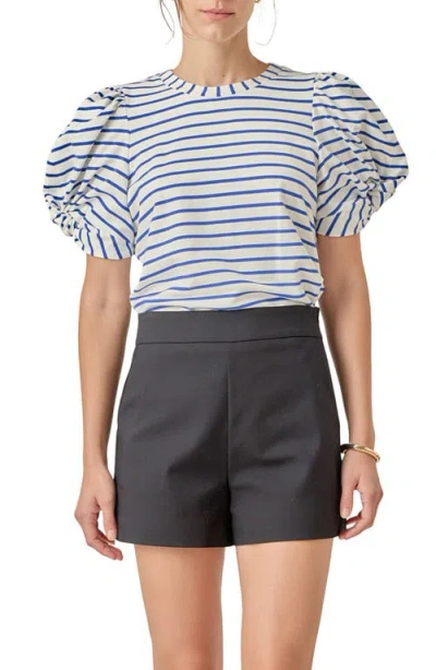 English Factory Stripe Puff Sleeve Stretch Cotton Top In White