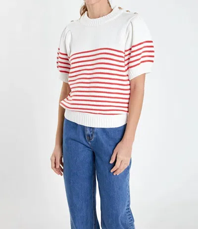 English Factory Stripe Puff Sleeve Sweater In Red Stripe In Off White/red