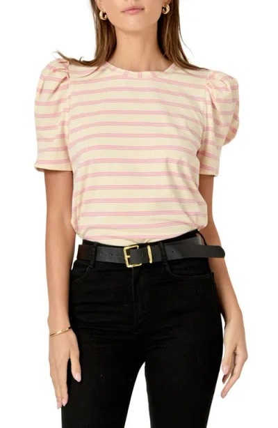 English Factory Stripe Puff Sleeve Top In Cream/pink