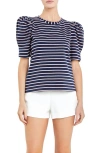 English Factory Stripe Puff Sleeve Top In Navy/ Pink