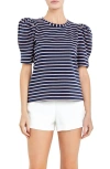 English Factory Stripe Puff Sleeve Top In Navy/pink