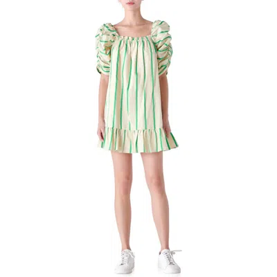 English Factory Stripe Puff Sleeve Trapeze Dress In Beige/green