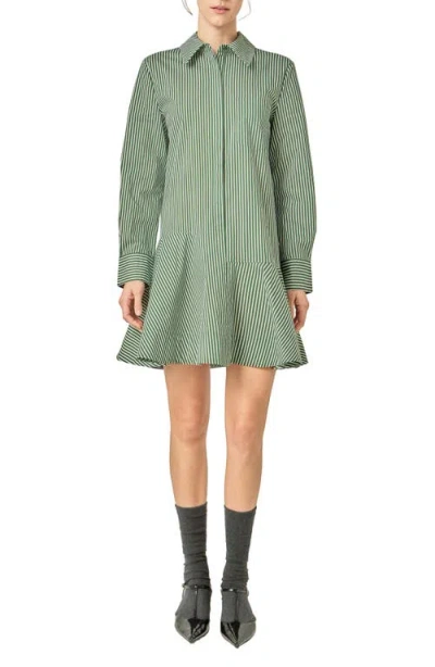 English Factory Stripe Ruffle Hem Long Sleeve Shirtdress In Green