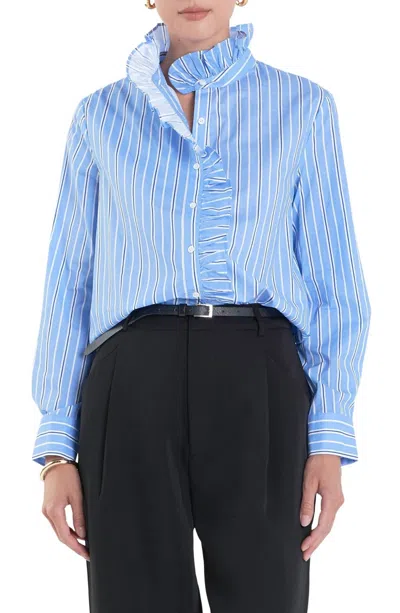 English Factory Stripe Ruffled Shirt In Blue
