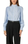 English Factory Stripe Scallop Trim Cotton Poplin Button-up Shirt In Powder Blue/offwhite