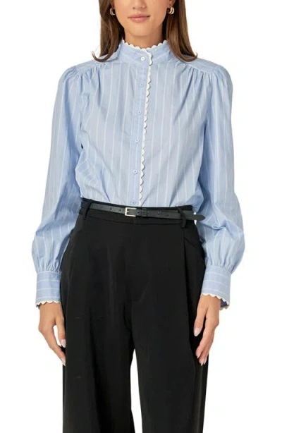 English Factory Stripe Scallop Trim Cotton Poplin Button-up Shirt In Powder Blue/offwhite