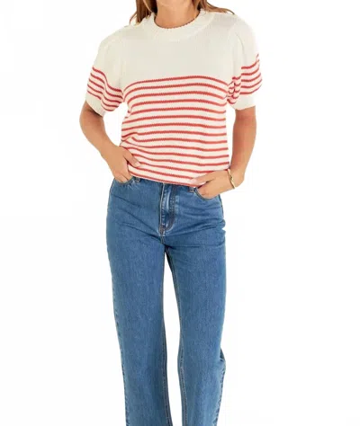 English Factory Stripe Short Puff Sleeve Button Sweater In Off White / Red