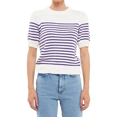 English Factory Stripe Short Puff Sleeve Sweater In White/purple