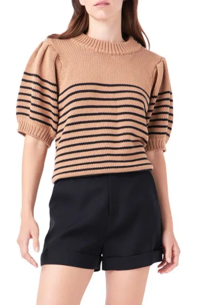 English Factory Stripe Short Sleeve Cotton Sweater In Brown/black