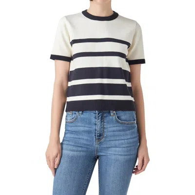 English Factory Stripe Short Sleeve Sweater In Ivory/navy