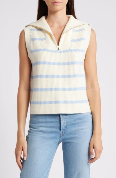 English Factory Stripe Sleeveless Half Zip Sweater In Ivory/powder Blue