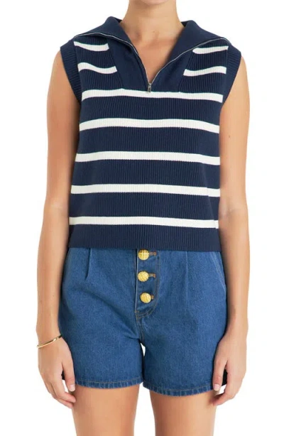 English Factory Stripe Sleeveless Half Zip Sweater In Navy/ivory