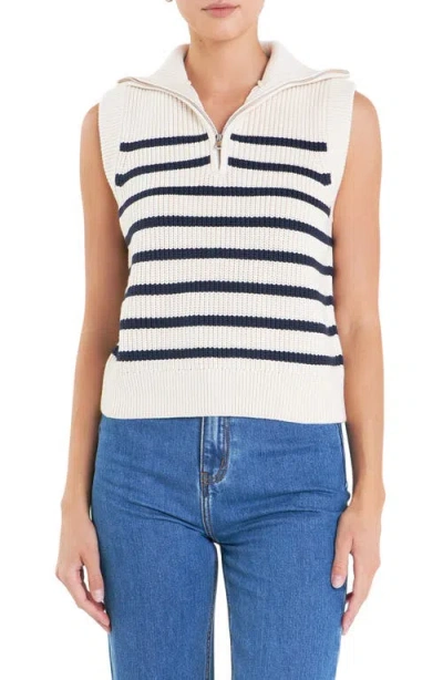 English Factory Stripe Sleeveless Quarter Zip Sweater In Cream/navy