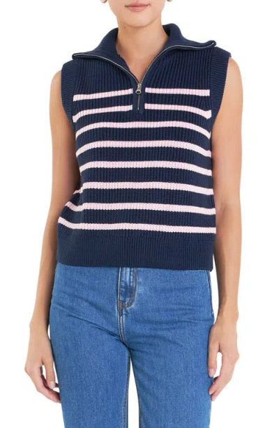 English Factory Stripe Sleeveless Quarter Zip Sweater In Navy/pink