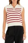 English Factory Stripe Sleeveless Quarter Zip Sweater In White/burgundy