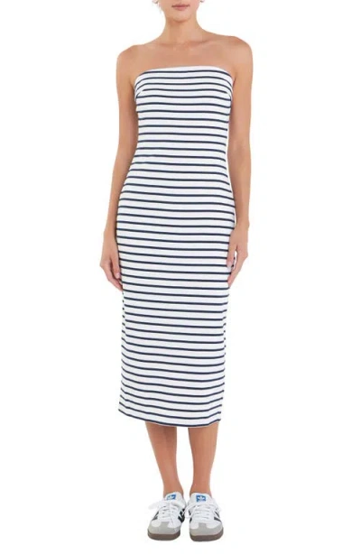English Factory Stripe Strapless Cotton Midi Dress In White/navy