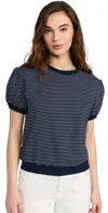 English Factory Stripe Puff Sleeve French Terry Top In Navy/white