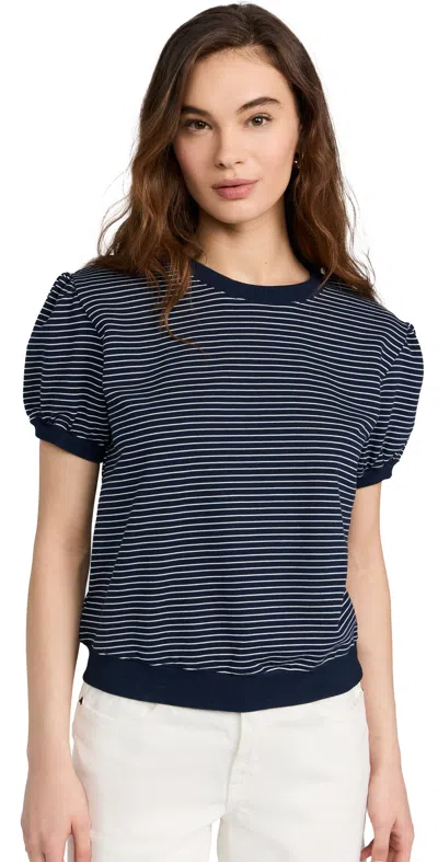 English Factory Stripe Puff Sleeve French Terry Top In Navy/ White