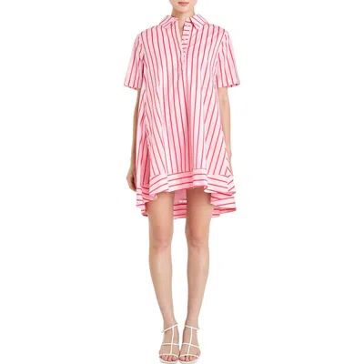 English Factory Stripe Trapeze Cotton Shirtdress In Pink/red
