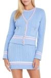 English Factory Stripe Trim Cable Knit Cardigan In Powder Blue