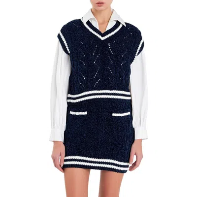 English Factory Stripe Trim Chenille Sweater Vest In Navy/white