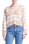 English Factory Stripe V-neck Cotton Crop Sweater In Tan/ivory