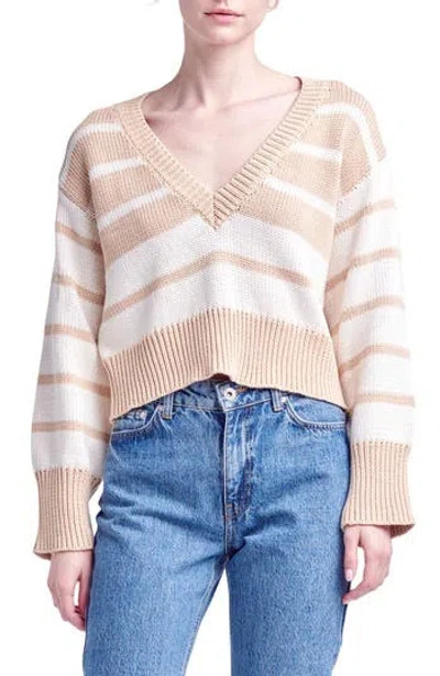 English Factory Stripe V-neck Cotton Crop Sweater In Multi
