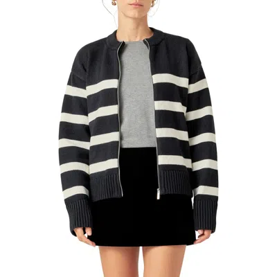 English Factory Stripe Zip-up Cardigan In Black/ivory