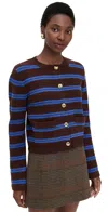 English Factory Striped Gold Button Cardigan Brown/blue In Brown