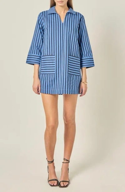 English Factory Striped Kaftan Collar Minidress In Blue