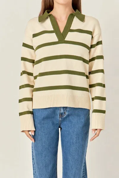 English Factory Striped Knit Polo Sweater In Cream/olive