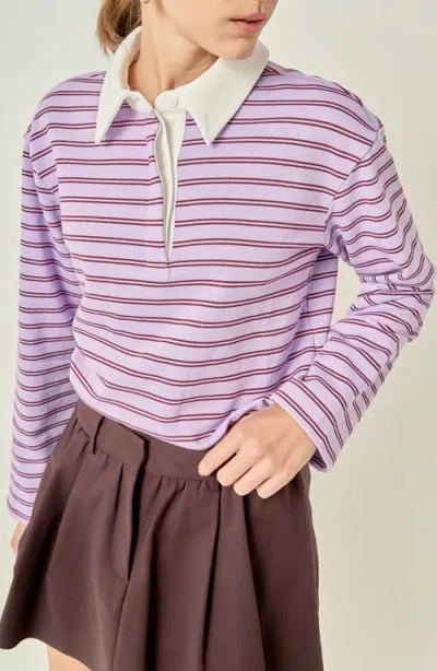 English Factory Striped Knit Polo Top In Lavender/burgundy