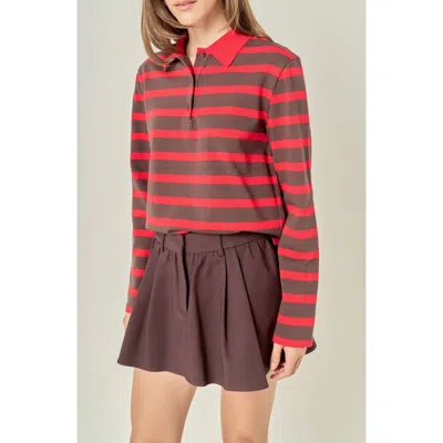 English Factory Striped Long Sleeve Polo Knit Top In Brown/red
