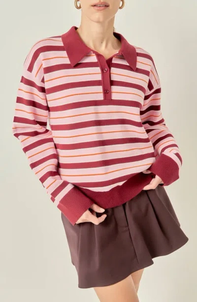 English Factory Striped Polo Sweater In Burgundy Multi