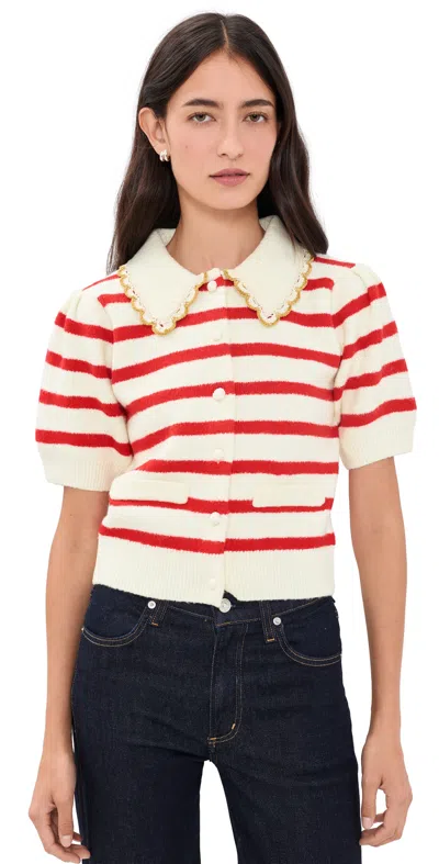 English Factory Striped Puff Sleeve Knit Cardigan Cream/red In Multi