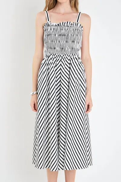 English Factory Striped Smocked Dress In White/black In Multi