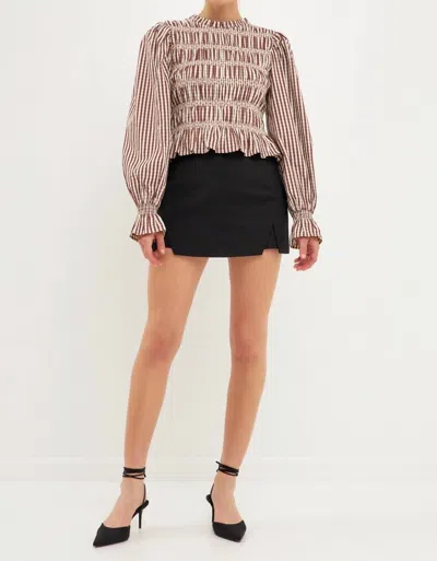 English Factory Striped Smocked Embroidered Blouse In Chocolate In Gold