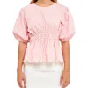 English Factory Stripe Puff Sleeve Peplum Top In Pink