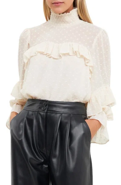 English Factory Swiss Dot Ruffle Chiffon Top In Ivory