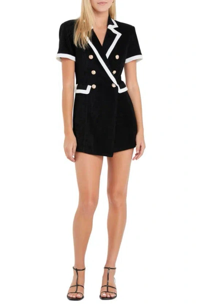 English Factory Terry Cloth Blazer Romper In Black/ White