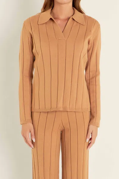 English Factory Textured Collared Sweater In Camel
